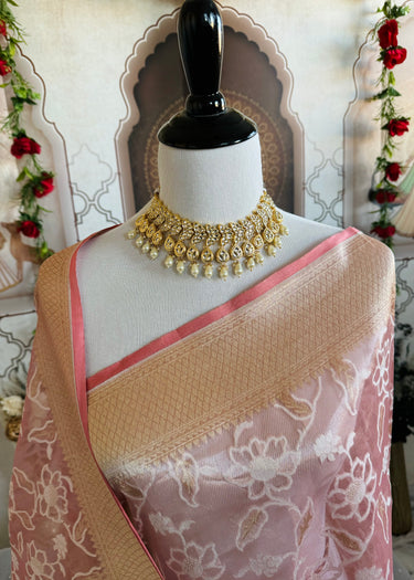 Kora Silk Sari from Banaras | Dull Pink | Gold Zari | Handwoven | Ships from California